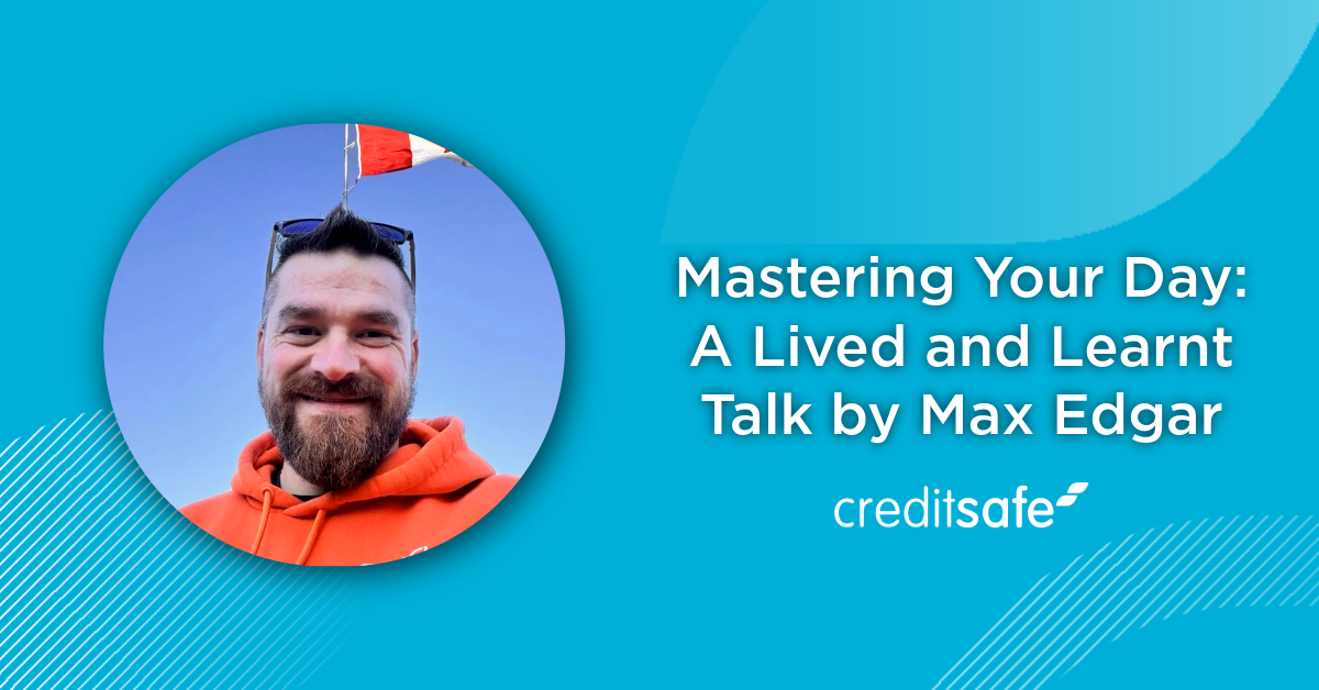 A graphic of Max, an employee at Creditsafe, with the title of his talk: Mastering Your Day.