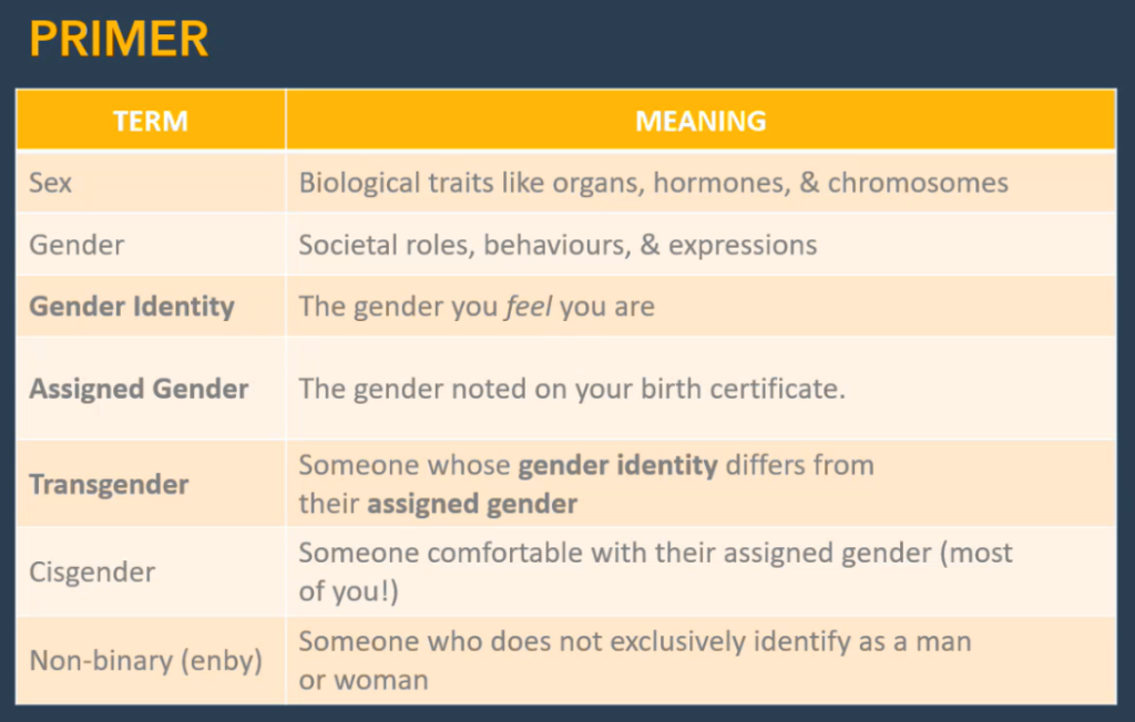 A table giving some brief definitions around sex and gender terminology; part of Francesca's Lived and Learnt on dispelling myths around trans people and building understanding.
