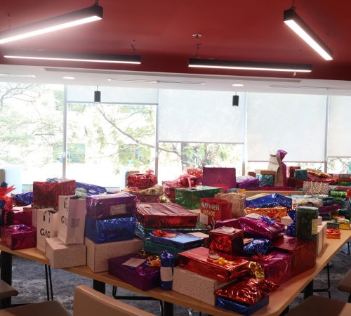 An array of gifts on tables in celebration of Christmas