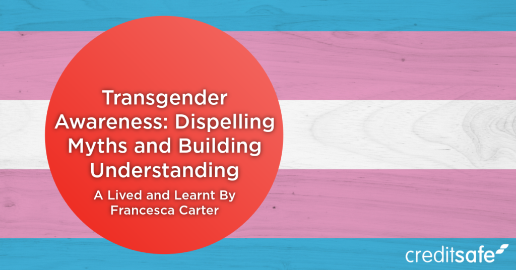 A cover image graphic for Francesca Carter's Talk on Transgender Awareness: Dispelling Myths and Building Understanding. Alongside this title, there is a trans allyship flag as the background.